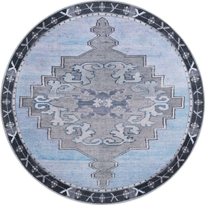 Washable Blue Gray 5' x 5' Timeless Round Area Rug Easy to Clean Stain Resistant & Durable Traditional Classic Vintage Design Carpet for Sale at Rug Engine