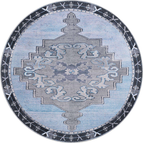 Washable Blue Gray 5' x 5' Timeless Round Area Rug Easy to Clean Stain Resistant & Durable Traditional Classic Vintage Design Carpet for Sale at Rug Engine