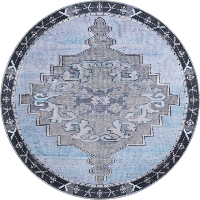 Washable Blue Gray 5' x 5' Timeless Round Area Rug Easy to Clean Stain Resistant & Durable Traditional Classic Vintage Design Carpet for Sale at Rug Engine