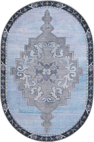 Washable Blue Gray 4' x 6' Timeless Oval Area Rug Easy to Clean Stain Resistant & Durable Traditional Classic Vintage Design Carpet for Sale at Rug Engine