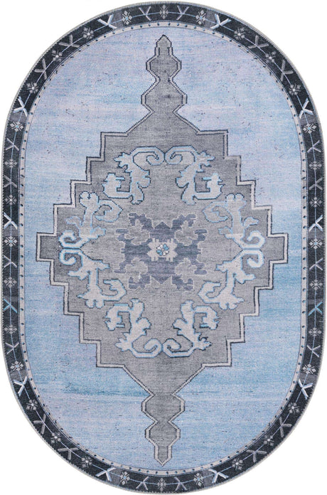 Washable Blue Gray 4' x 6' Timeless Oval Area Rug Easy to Clean Stain Resistant & Durable Traditional Classic Vintage Design Carpet for Sale at Rug Engine