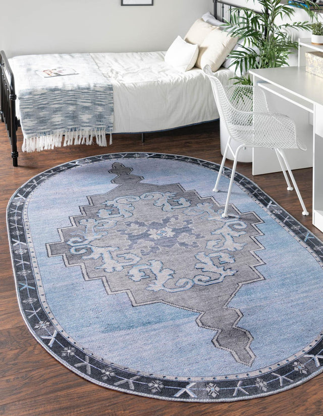Washable Blue Gray 5' x 8' Timeless Oval Area Rug Easy to Clean Stain Resistant & Durable Traditional Classic Vintage Design Carpet for Sale at Rug Engine