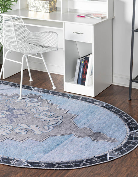 Washable Blue Gray 5' x 8' Timeless Oval Area Rug Easy to Clean Stain Resistant & Durable Traditional Classic Vintage Design Carpet for Sale at Rug Engine