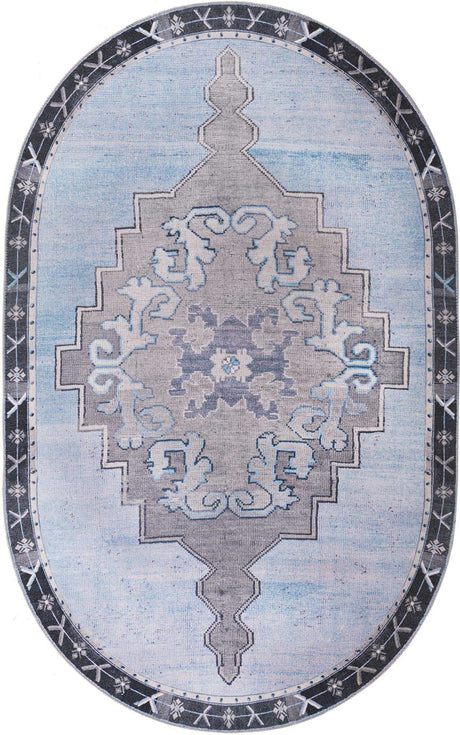 Washable Blue Gray 5' x 8' Timeless Oval Area Rug Easy to Clean Stain Resistant & Durable Traditional Classic Vintage Design Carpet for Sale at Rug Engine