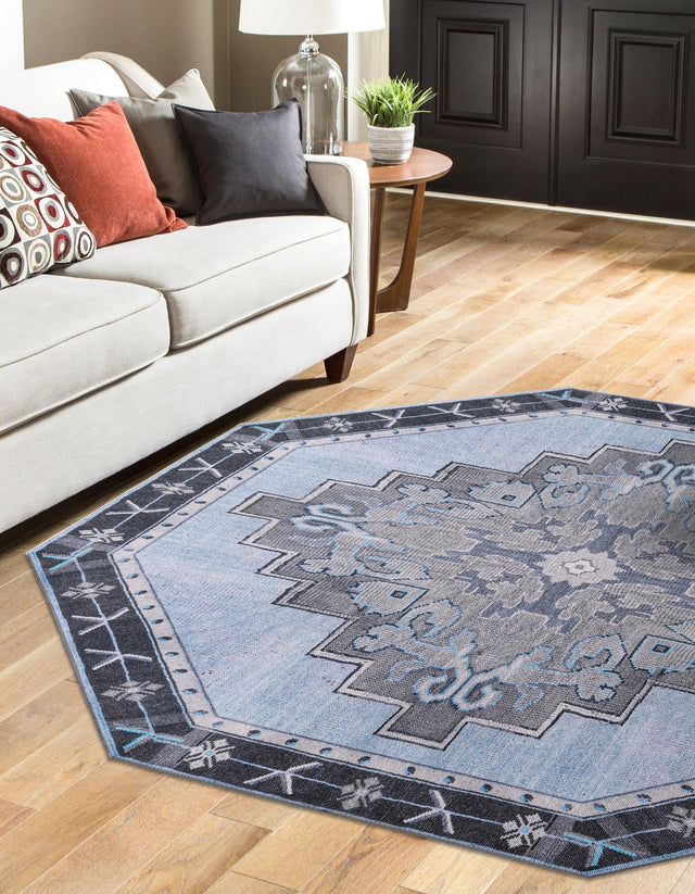 Washable Blue Gray 7' 6 x 7' 6 Timeless Octagon Area Rug Easy to Clean Stain Resistant & Durable Traditional Classic Vintage Design Carpet for Sale at Rug Engine