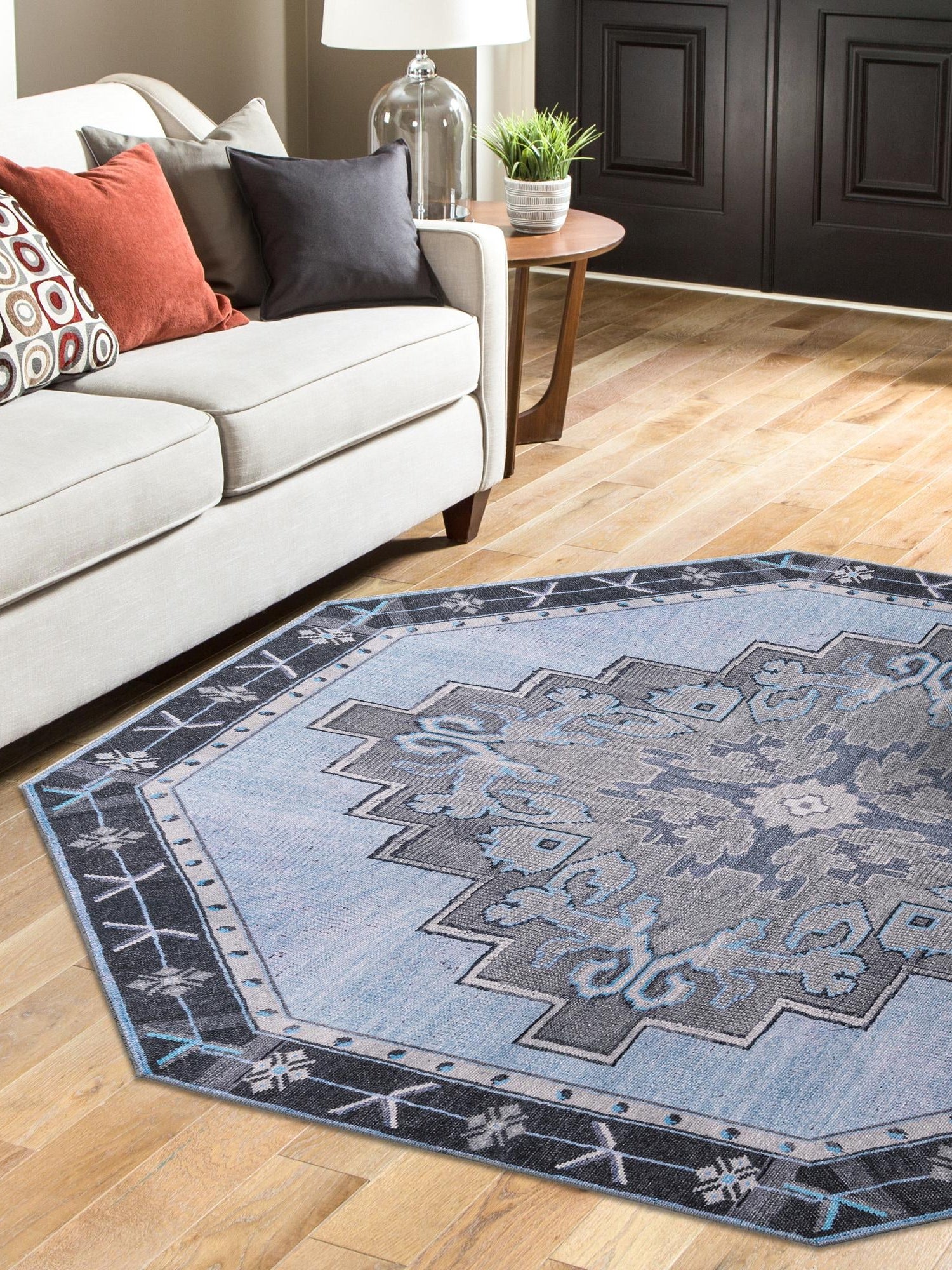 Washable Blue Gray 5' x 5' Timeless Octagon Area Rug Easy to Clean Stain Resistant & Durable Traditional Classic Vintage Design Carpet for Sale at Rug Engine