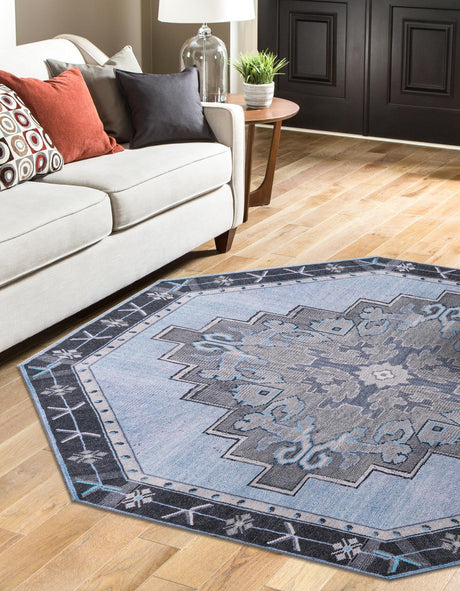 Washable Blue Gray 5' x 5' Timeless Octagon Area Rug Easy to Clean Stain Resistant & Durable Traditional Classic Vintage Design Carpet for Sale at Rug Engine
