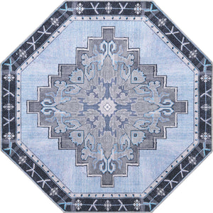 Washable Blue Gray 5' x 5' Timeless Octagon Area Rug Easy to Clean Stain Resistant & Durable Traditional Classic Vintage Design Carpet for Sale at Rug Engine