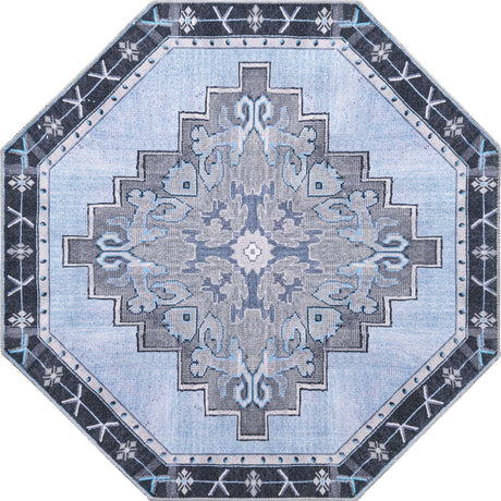 Washable Blue Gray 5' x 5' Timeless Octagon Area Rug Easy to Clean Stain Resistant & Durable Traditional Classic Vintage Design Carpet for Sale at Rug Engine