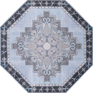 Washable Blue Gray 7' 6 x 7' 6 Timeless Octagon Area Rug Easy to Clean Stain Resistant & Durable Traditional Classic Vintage Design Carpet for Sale at Rug Engine