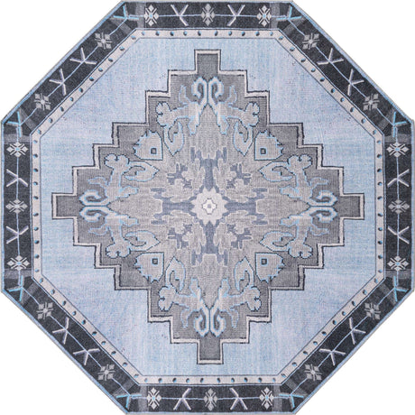 Washable Blue Gray 7' 6 x 7' 6 Timeless Octagon Area Rug Easy to Clean Stain Resistant & Durable Traditional Classic Vintage Design Carpet for Sale at Rug Engine