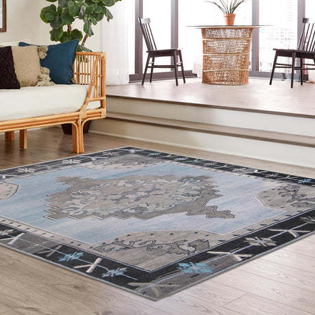 Washable Blue Gray 7' 6 x 7' 6 Timeless Square Area Rug Easy to Clean Stain Resistant & Durable Traditional Classic Vintage Design Carpet for Sale at Rug Engine