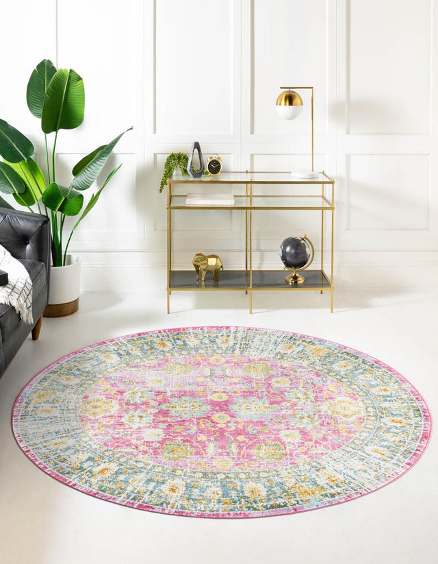 Pink 5' 5 x 5' 5 Paragon Round Area Rug 100% Polypropylene Colorful Vivid Boho Style Modern Carpet for Unique Interiors for Sale at Rug Engine