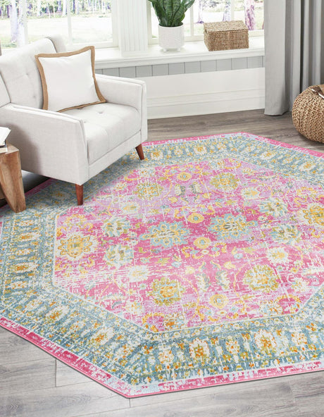 Pink 4' x 4' Paragon Octagon Area Rug 100% Polypropylene Colorful Vivid Boho Style Modern Carpet for Unique Interiors for Sale at Rug Engine