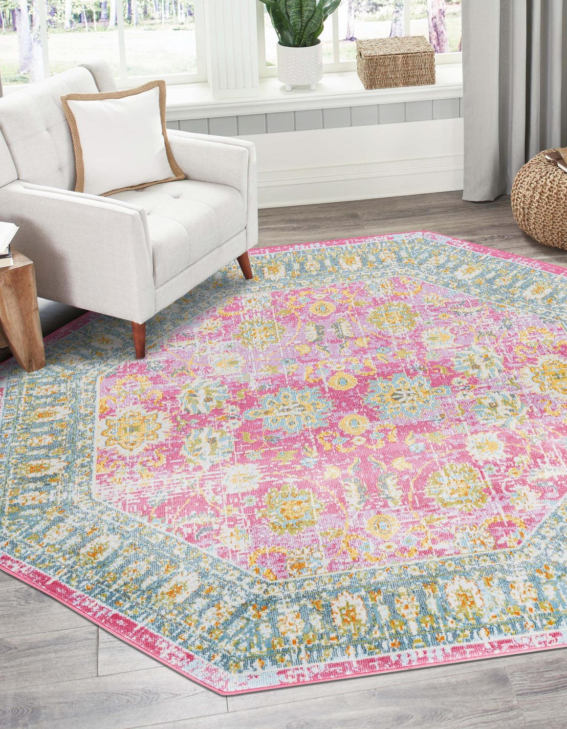 Pink 6' x 6' Paragon Octagon Area Rug 100% Polypropylene Colorful Vivid Boho Style Modern Carpet for Unique Interiors for Sale at Rug Engine