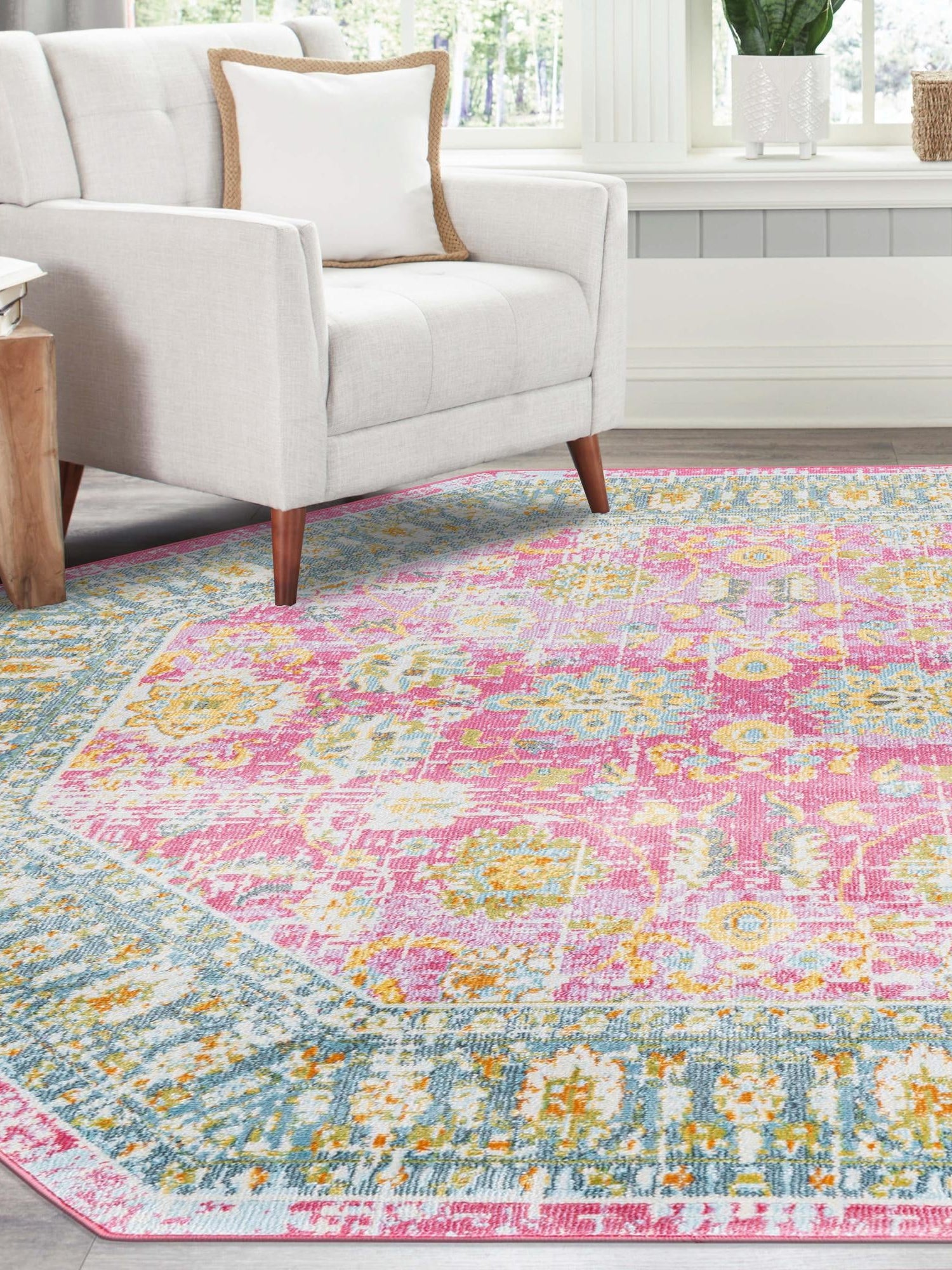 Pink 4' x 4' Paragon Octagon Area Rug 100% Polypropylene Colorful Vivid Boho Style Modern Carpet for Unique Interiors for Sale at Rug Engine