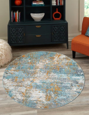 Cream Blue 5' 5 x 5' 5 Paragon Round Area Rug 100% Polypropylene Colorful Vivid Boho Style Modern Carpet for Unique Interiors for Sale at Rug Engine