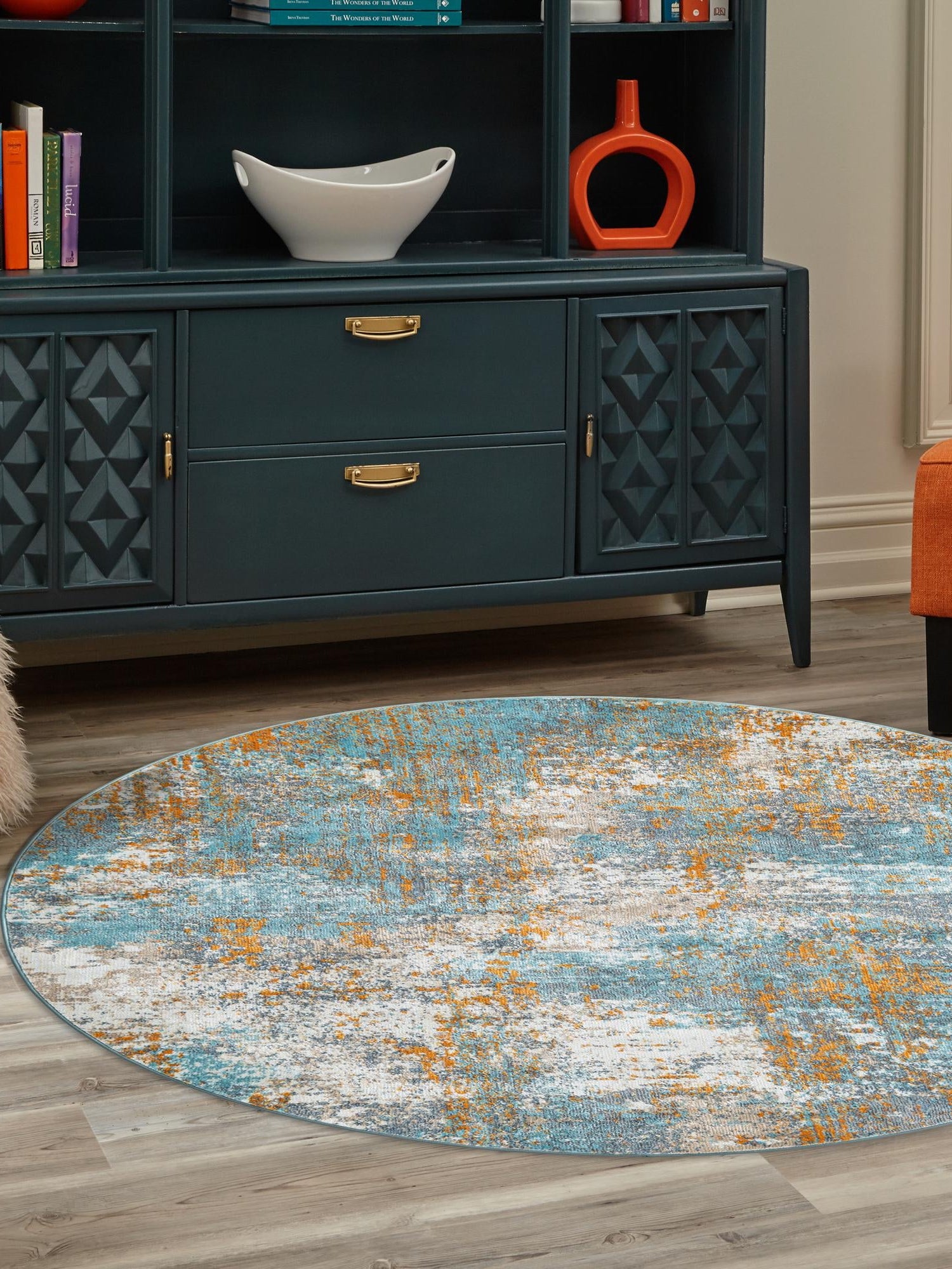 Cream Blue 3' 3 x 3' 3 Paragon Round Area Rug 100% Polypropylene Colorful Vivid Boho Style Modern Carpet for Unique Interiors for Sale at Rug Engine