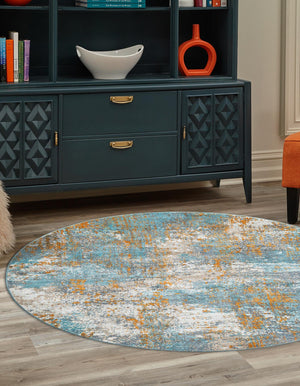 Cream Blue 8' 2 x 8' 2 Paragon Round Area Rug 100% Polypropylene Colorful Vivid Boho Style Modern Carpet for Unique Interiors for Sale at Rug Engine