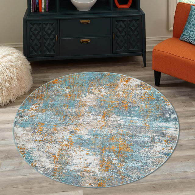 Cream Blue 5' 5 x 5' 5 Paragon Round Area Rug 100% Polypropylene Colorful Vivid Boho Style Modern Carpet for Unique Interiors for Sale at Rug Engine