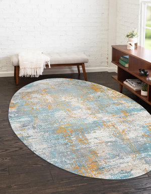 Cream Blue 5' 5 x 8' Paragon Oval Area Rug 100% Polypropylene Colorful Vivid Boho Style Modern Carpet for Unique Interiors for Sale at Rug Engine