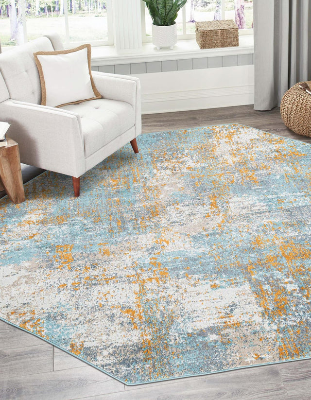 Cream Blue 6' x 6' Paragon Octagon Area Rug 100% Polypropylene Colorful Vivid Boho Style Modern Carpet for Unique Interiors for Sale at Rug Engine