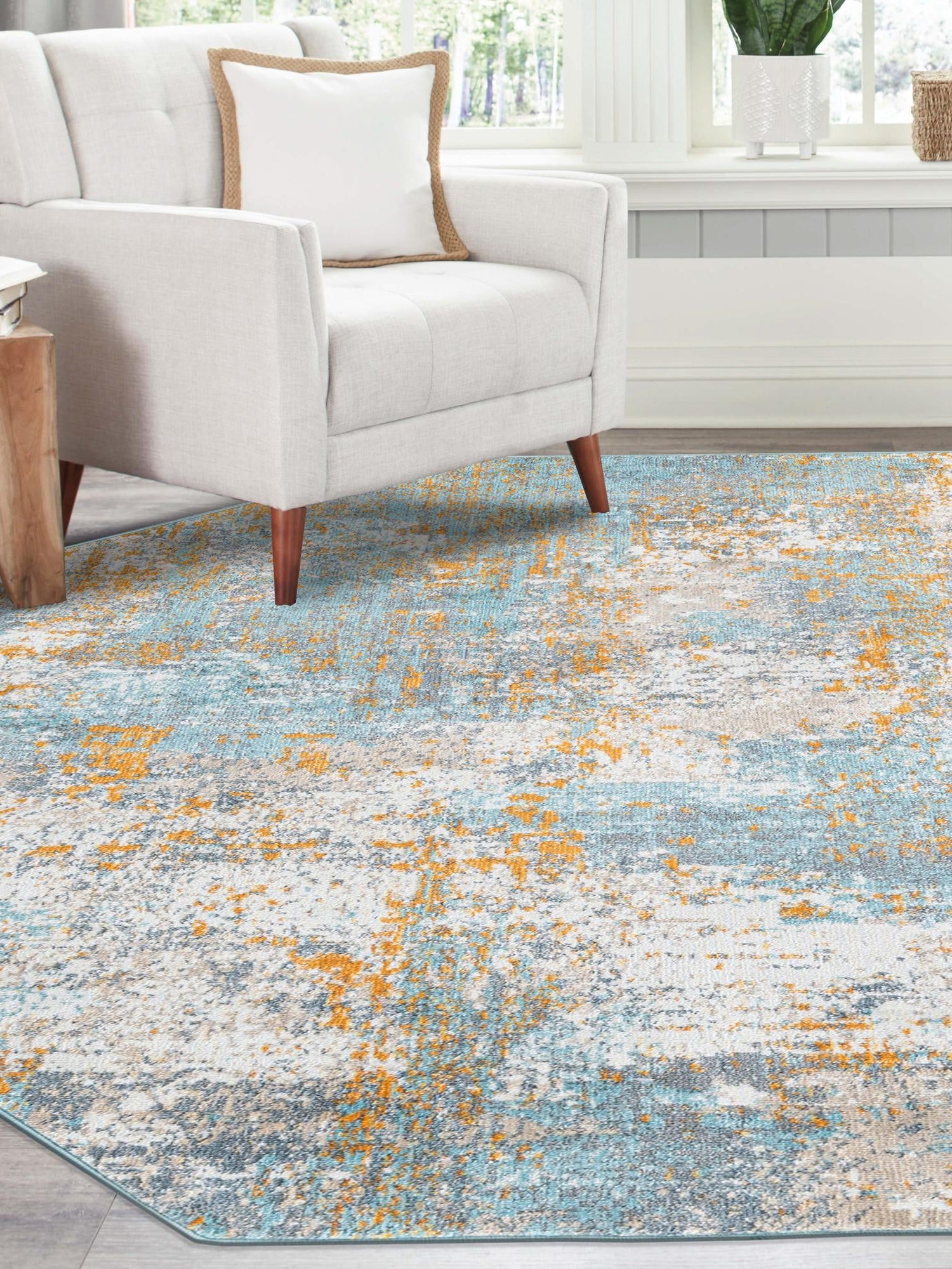 Cream Blue 6' x 6' Paragon Octagon Area Rug 100% Polypropylene Colorful Vivid Boho Style Modern Carpet for Unique Interiors for Sale at Rug Engine