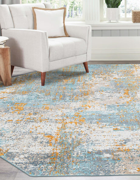 Cream Blue 6' x 6' Paragon Octagon Area Rug 100% Polypropylene Colorful Vivid Boho Style Modern Carpet for Unique Interiors for Sale at Rug Engine