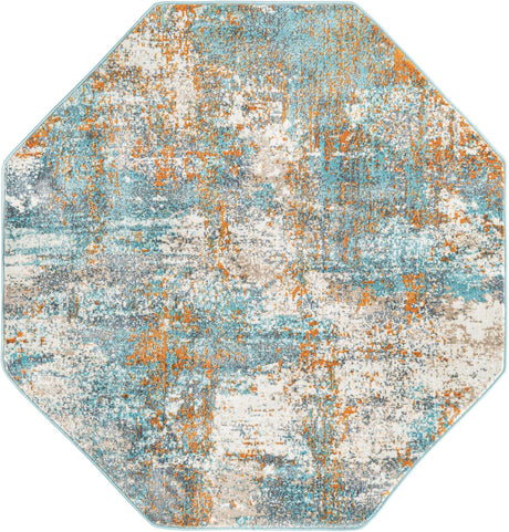 Cream Blue 4' x 4' Paragon Octagon Area Rug 100% Polypropylene Colorful Vivid Boho Style Modern Carpet for Unique Interiors for Sale at Rug Engine