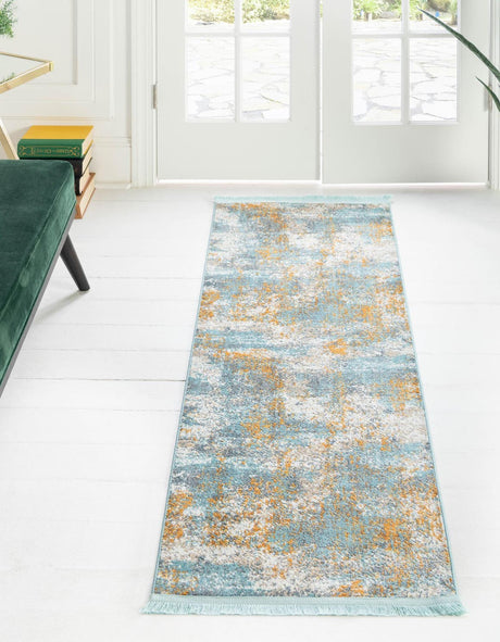 Cream Blue 2' 7 x 10' Paragon Runner Area Rug 100% Polypropylene Colorful Vivid Boho Style Modern Carpet for Unique Interiors for Sale at Rug Engine