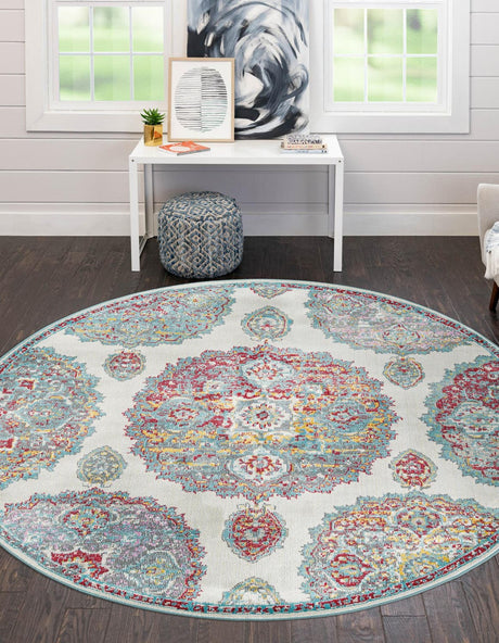 Cream 5' 5 x 5' 5 Paragon Round Area Rug 100% Polypropylene Colorful Vivid Boho Style Modern Carpet for Unique Interiors for Sale at Rug Engine