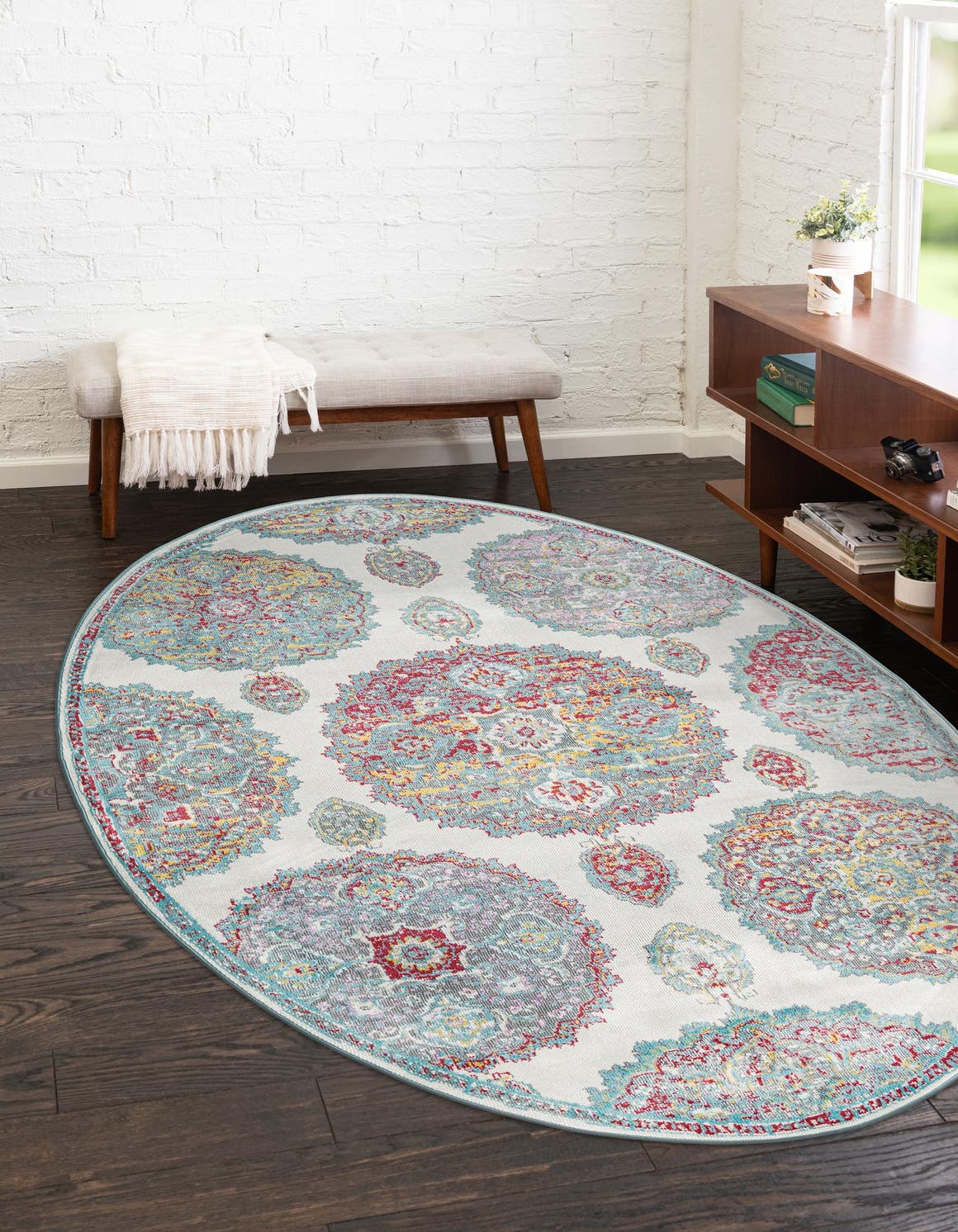 Cream 8' 2 x 10' Paragon Oval Area Rug 100% Polypropylene Colorful Vivid Boho Style Modern Carpet for Unique Interiors for Sale at Rug Engine