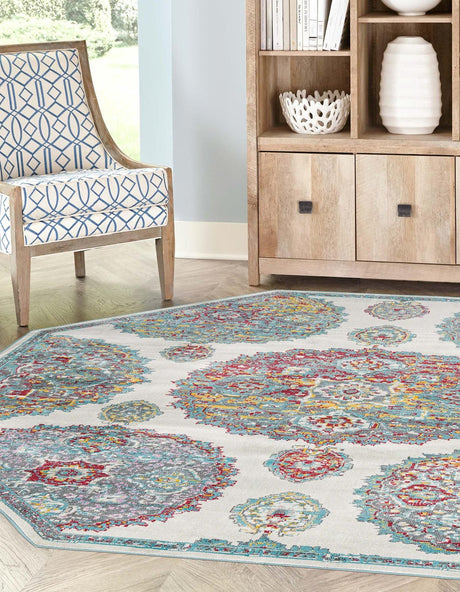 Cream 4' x 4' Paragon Octagon Area Rug 100% Polypropylene Colorful Vivid Boho Style Modern Carpet for Unique Interiors for Sale at Rug Engine