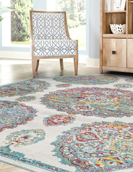 Cream 6' x 6' Paragon Octagon Area Rug 100% Polypropylene Colorful Vivid Boho Style Modern Carpet for Unique Interiors for Sale at Rug Engine