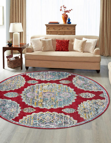 Red 8' 2 x 8' 2 Paragon Round Area Rug 100% Polypropylene Colorful Vivid Boho Style Modern Carpet for Unique Interiors for Sale at Rug Engine
