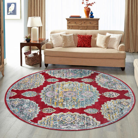 Red 8' 2 x 8' 2 Paragon Round Area Rug 100% Polypropylene Colorful Vivid Boho Style Modern Carpet for Unique Interiors for Sale at Rug Engine