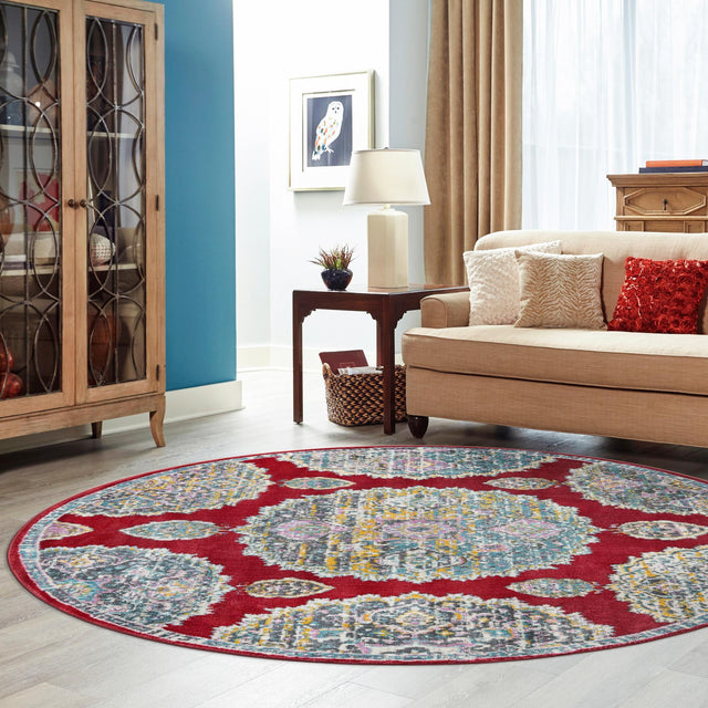Red 8' 2 x 8' 2 Paragon Round Area Rug 100% Polypropylene Colorful Vivid Boho Style Modern Carpet for Unique Interiors for Sale at Rug Engine