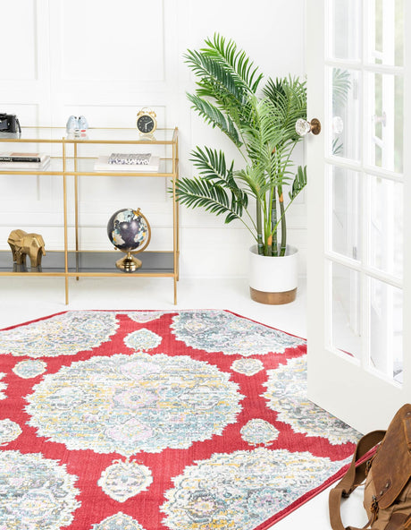 Red 4' x 4' Paragon Octagon Area Rug 100% Polypropylene Colorful Vivid Boho Style Modern Carpet for Unique Interiors for Sale at Rug Engine