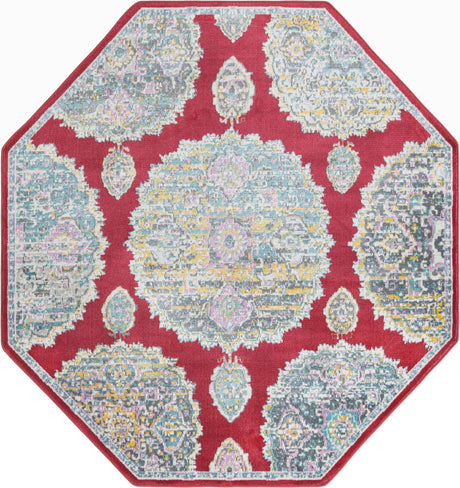 Red 6' x 6' Paragon Octagon Area Rug 100% Polypropylene Colorful Vivid Boho Style Modern Carpet for Unique Interiors for Sale at Rug Engine