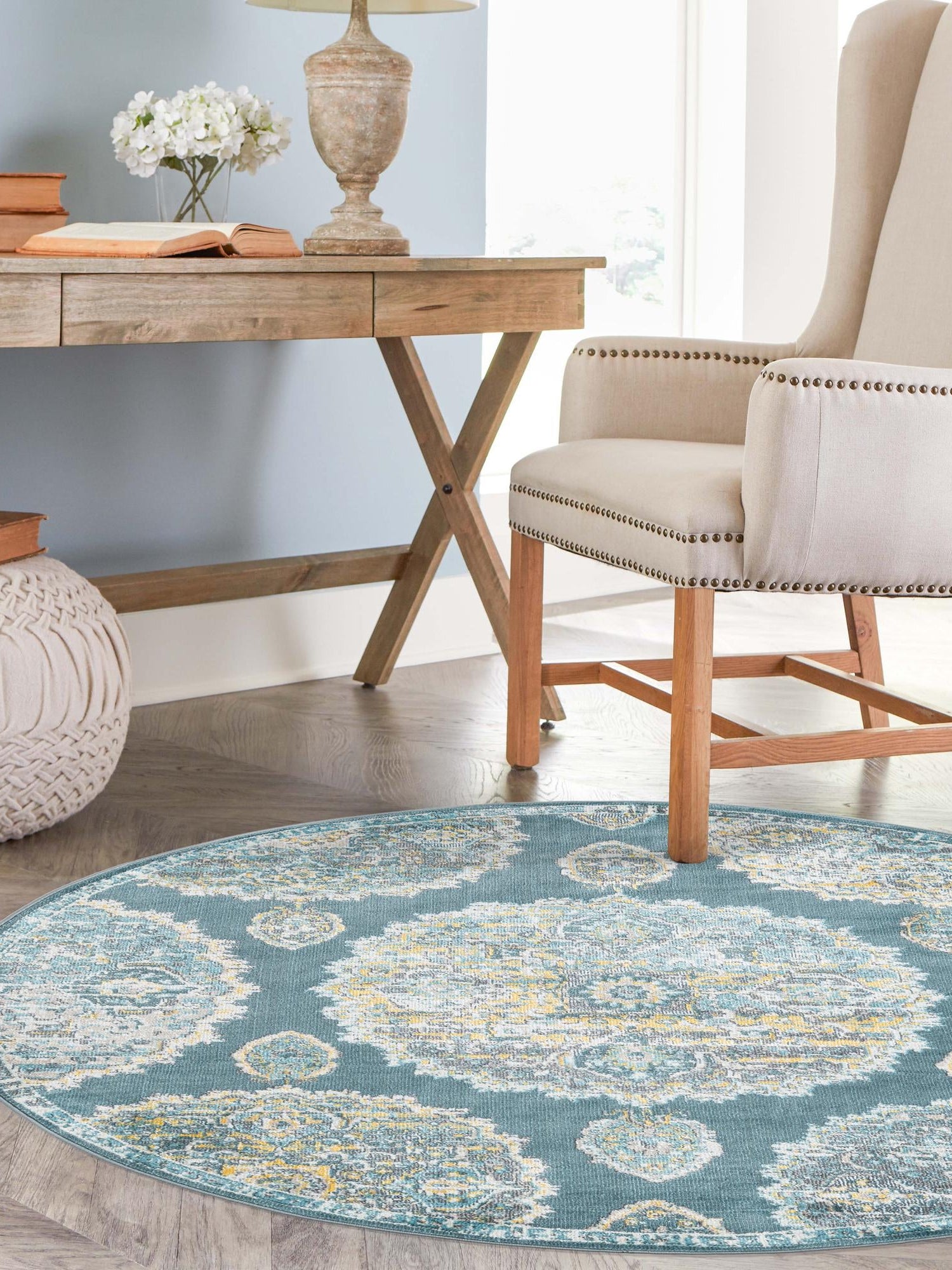 Gray and Blue 8' 2 x 8' 2 Paragon Round Area Rug 100% Polypropylene Colorful Vivid Boho Style Modern Carpet for Unique Interiors for Sale at Rug Engine