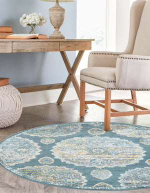 Gray and Blue 8' 2 x 8' 2 Paragon Round Area Rug 100% Polypropylene Colorful Vivid Boho Style Modern Carpet for Unique Interiors for Sale at Rug Engine