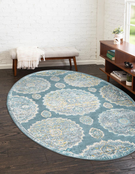 Gray and Blue 8' 2 x 10' Paragon Oval Area Rug 100% Polypropylene Colorful Vivid Boho Style Modern Carpet for Unique Interiors for Sale at Rug Engine