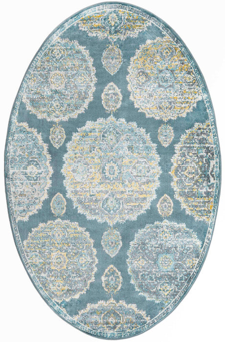 Gray and Blue 5' 5 x 8' Paragon Oval Area Rug 100% Polypropylene Colorful Vivid Boho Style Modern Carpet for Unique Interiors for Sale at Rug Engine