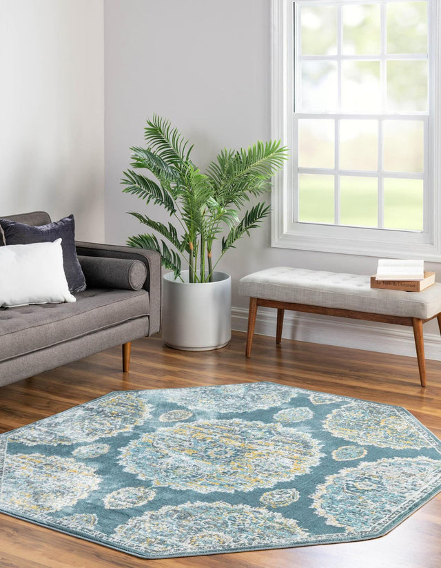 Gray and Blue 6' x 6' Paragon Octagon Area Rug 100% Polypropylene Colorful Vivid Boho Style Modern Carpet for Unique Interiors for Sale at Rug Engine