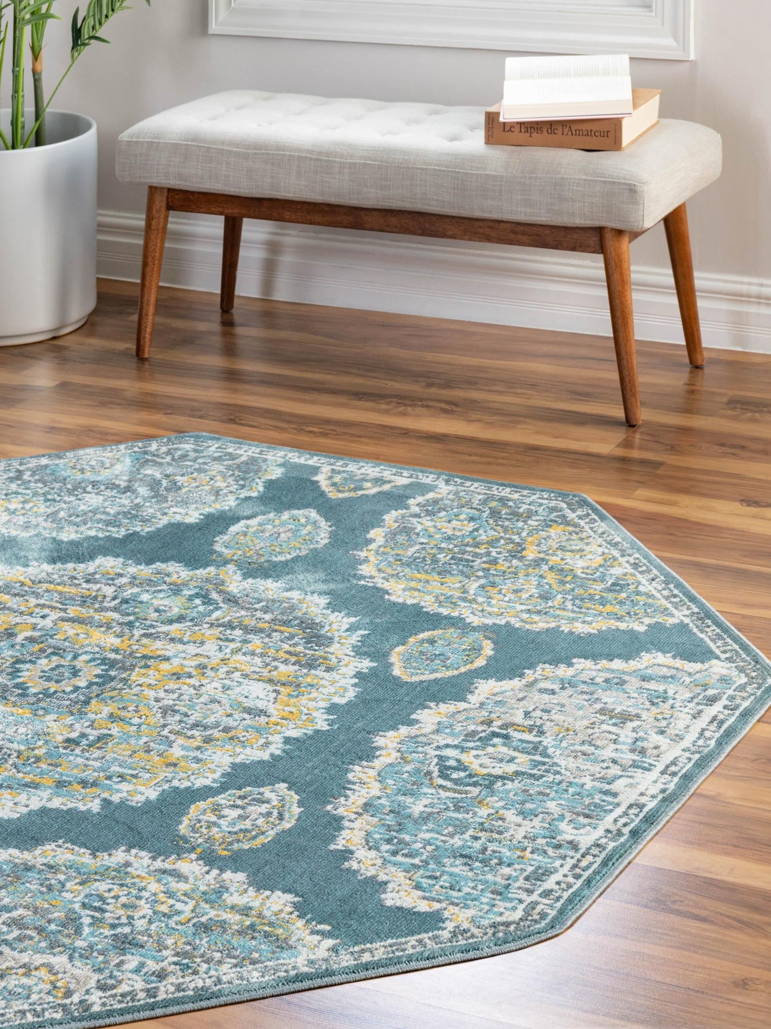 Gray and Blue 4' x 4' Paragon Octagon Area Rug 100% Polypropylene Colorful Vivid Boho Style Modern Carpet for Unique Interiors for Sale at Rug Engine