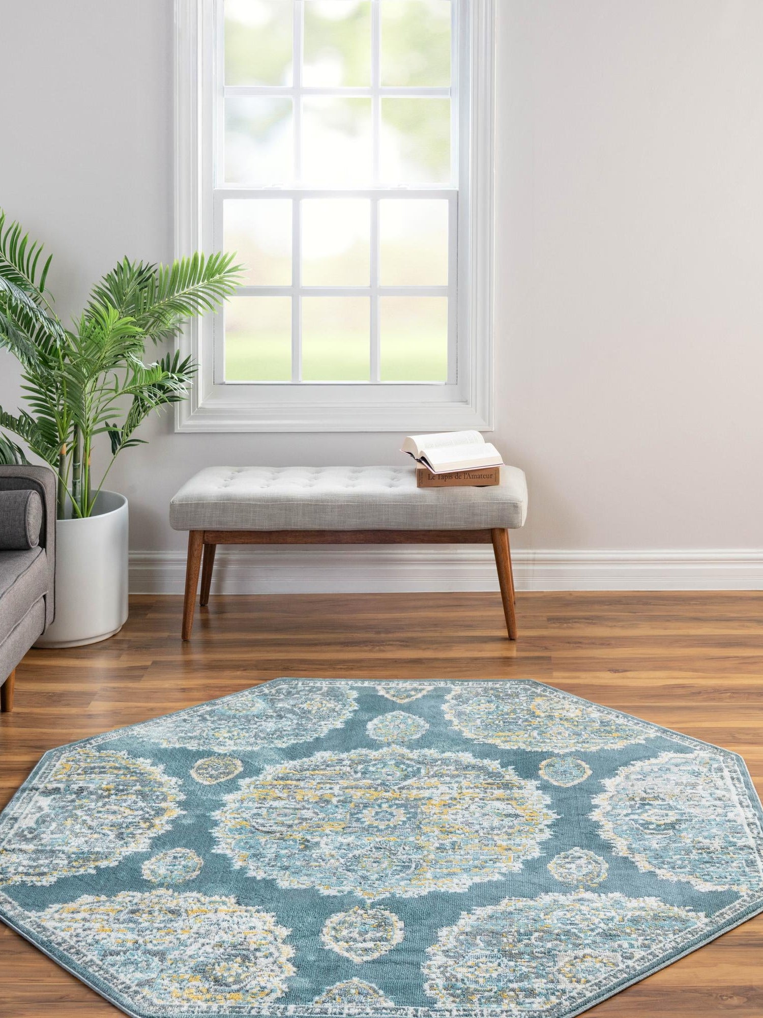 Gray and Blue 4' x 4' Paragon Octagon Area Rug 100% Polypropylene Colorful Vivid Boho Style Modern Carpet for Unique Interiors for Sale at Rug Engine