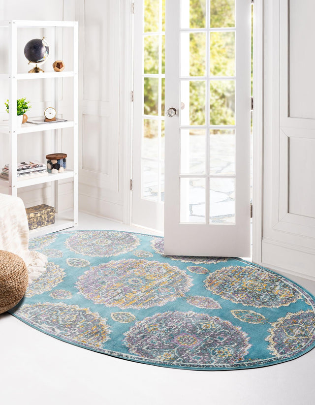 Blue 5' 5 x 8' Paragon Oval Area Rug 100% Polypropylene Colorful Vivid Boho Style Modern Carpet for Unique Interiors for Sale at Rug Engine
