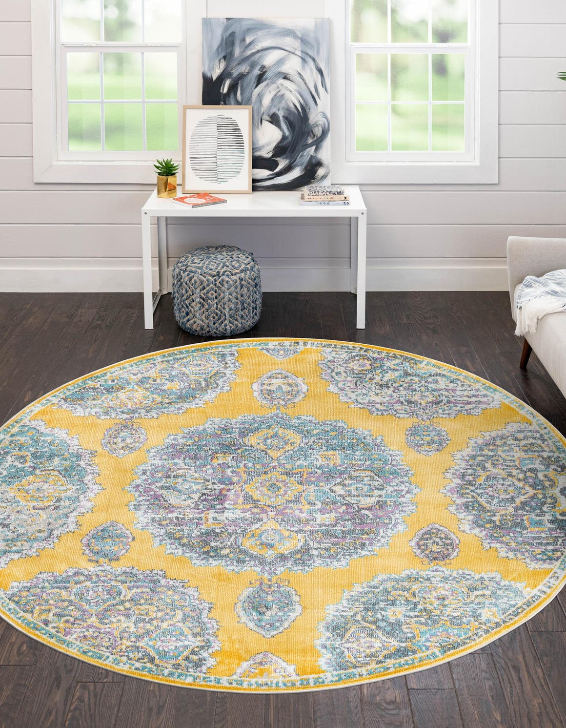 Yellow 5' 5 x 5' 5 Paragon Round Area Rug 100% Polypropylene Colorful Vivid Boho Style Modern Carpet for Unique Interiors for Sale at Rug Engine