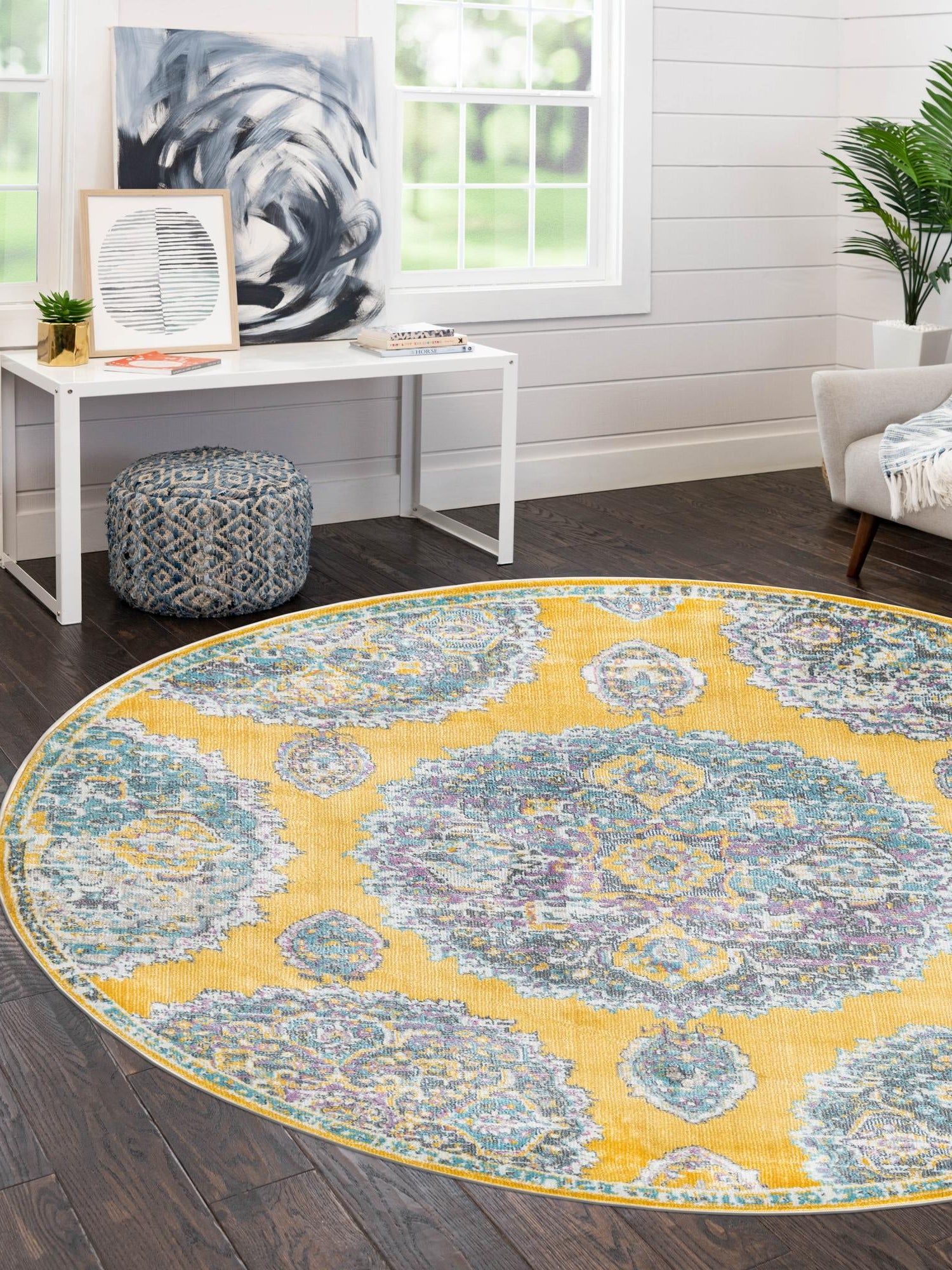 Yellow 3' 3 x 3' 3 Paragon Round Area Rug 100% Polypropylene Colorful Vivid Boho Style Modern Carpet for Unique Interiors for Sale at Rug Engine