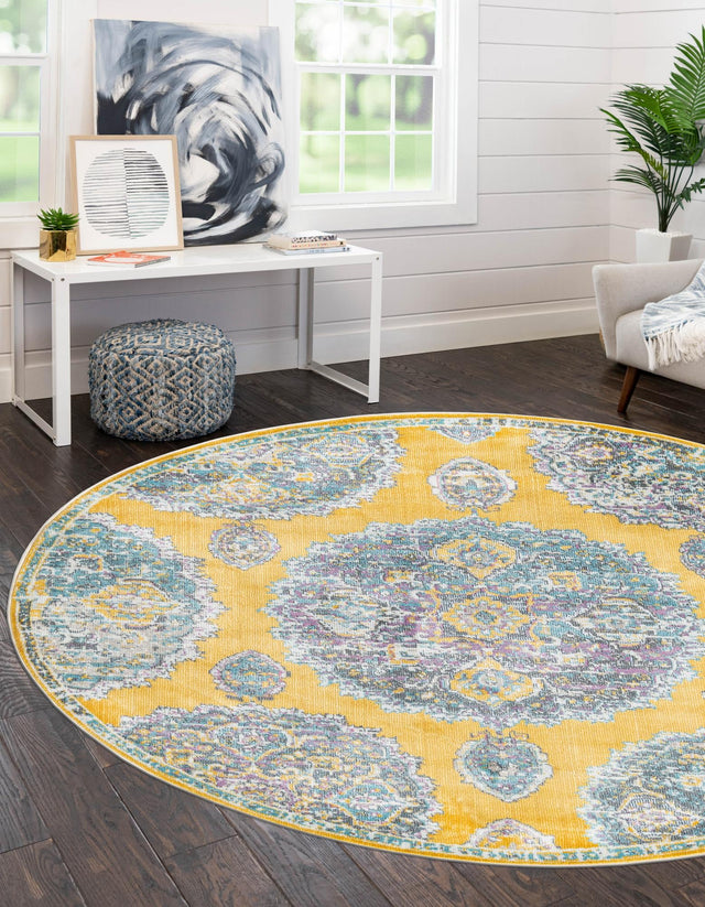 Yellow 3' 3 x 3' 3 Paragon Round Area Rug 100% Polypropylene Colorful Vivid Boho Style Modern Carpet for Unique Interiors for Sale at Rug Engine